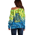 Australia National Swimming Team Off Shoulder Sweater Aboriginal Dot Art Ocean Wave Pattern