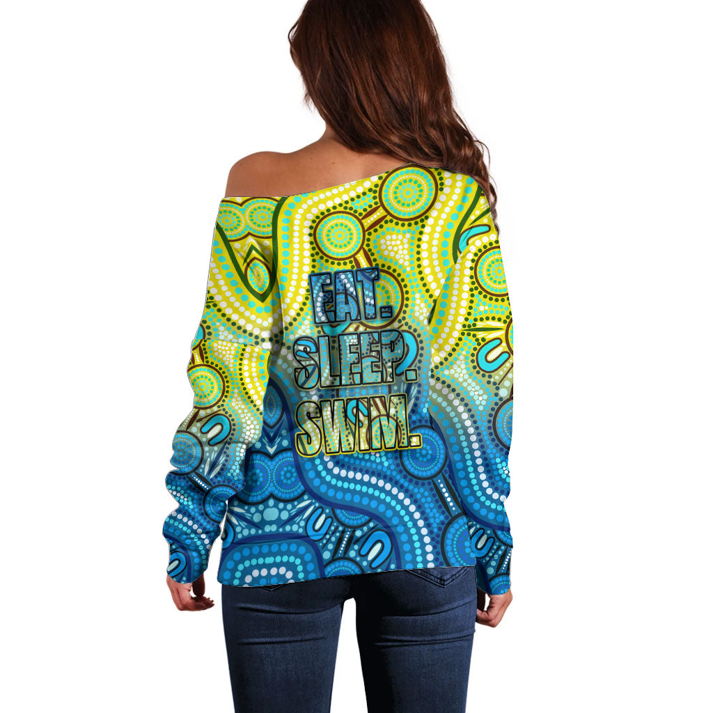 Australia National Swimming Team Off Shoulder Sweater Aboriginal Dot Art Ocean Wave Pattern