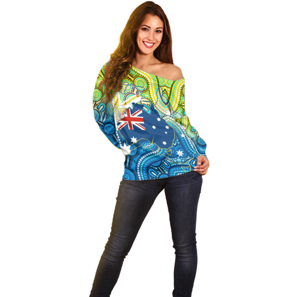 Australia National Swimming Team Off Shoulder Sweater Aboriginal Dot Art Ocean Wave Pattern