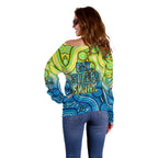 Australia National Swimming Team Off Shoulder Sweater Aboriginal Dot Art Ocean Wave Pattern