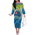 Australia National Swimming Team Off The Shoulder Long Sleeve Dress Aboriginal Dot Art Ocean Wave Pattern