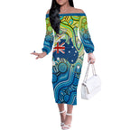 Australia National Swimming Team Off The Shoulder Long Sleeve Dress Aboriginal Dot Art Ocean Wave Pattern
