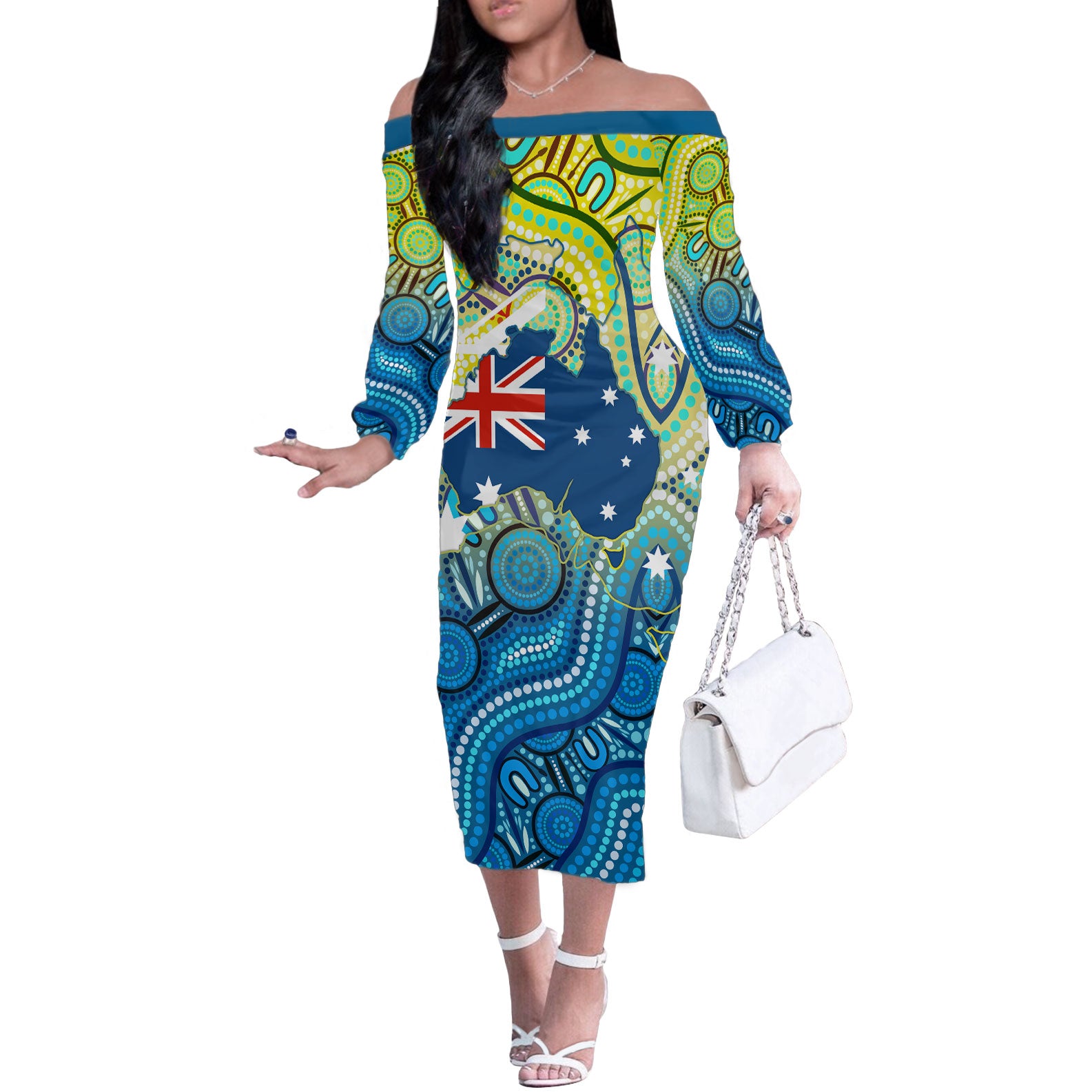 Australia National Swimming Team Off The Shoulder Long Sleeve Dress Aboriginal Dot Art Ocean Wave Pattern