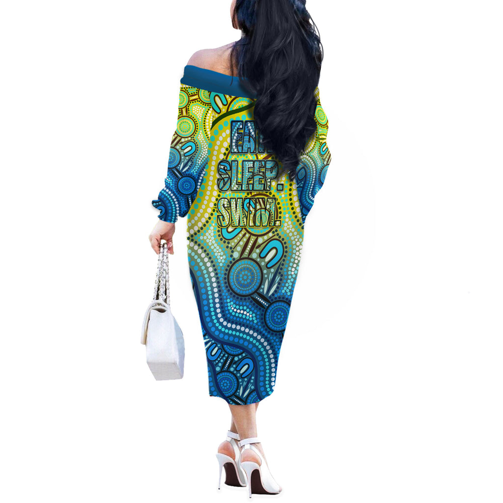 Australia National Swimming Team Off The Shoulder Long Sleeve Dress Aboriginal Dot Art Ocean Wave Pattern