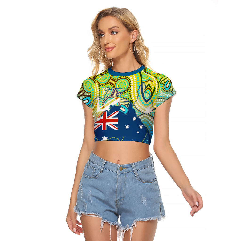 Australia National Swimming Team Raglan Cropped T Shirt Aboriginal Dot Art Ocean Wave Pattern