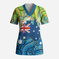 Australia National Swimming Team Scrub Top Aboriginal Dot Art Ocean Wave Pattern