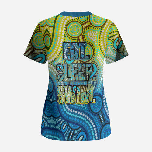 Australia National Swimming Team Scrub Top Aboriginal Dot Art Ocean Wave Pattern