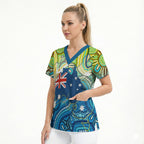Australia National Swimming Team Scrub Top Aboriginal Dot Art Ocean Wave Pattern