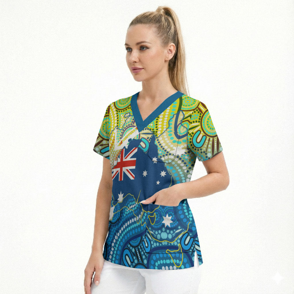 Australia National Swimming Team Scrub Top Aboriginal Dot Art Ocean Wave Pattern