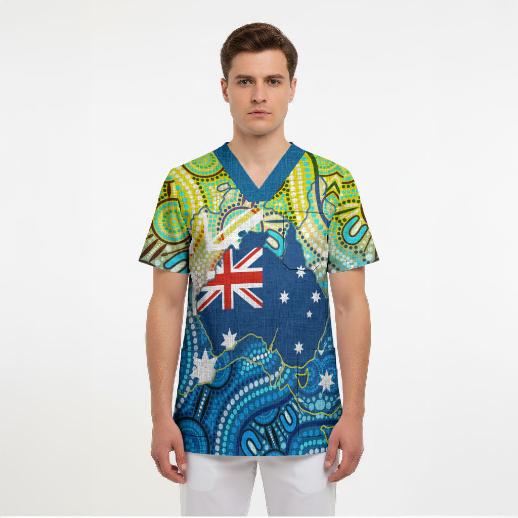 Australia National Swimming Team Scrub Top Aboriginal Dot Art Ocean Wave Pattern