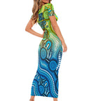 Australia National Swimming Team Short Sleeve Bodycon Dress Aboriginal Dot Art Ocean Wave Pattern