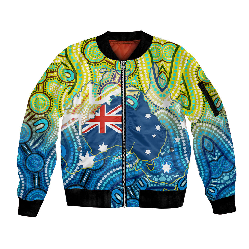 Australia National Swimming Team Sleeve Zip Bomber Jacket Aboriginal Dot Art Ocean Wave Pattern