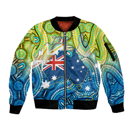 Australia National Swimming Team Sleeve Zip Bomber Jacket Aboriginal Dot Art Ocean Wave Pattern