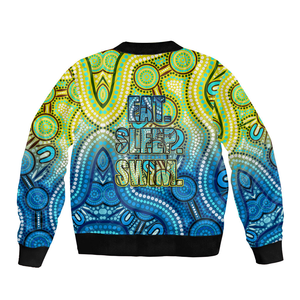Australia National Swimming Team Sleeve Zip Bomber Jacket Aboriginal Dot Art Ocean Wave Pattern