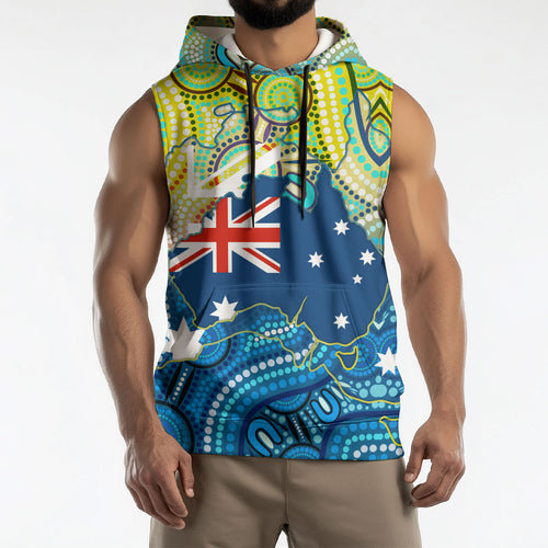 Australia National Swimming Team Sleeveless Hoodie Aboriginal Dot Art Ocean Wave Pattern