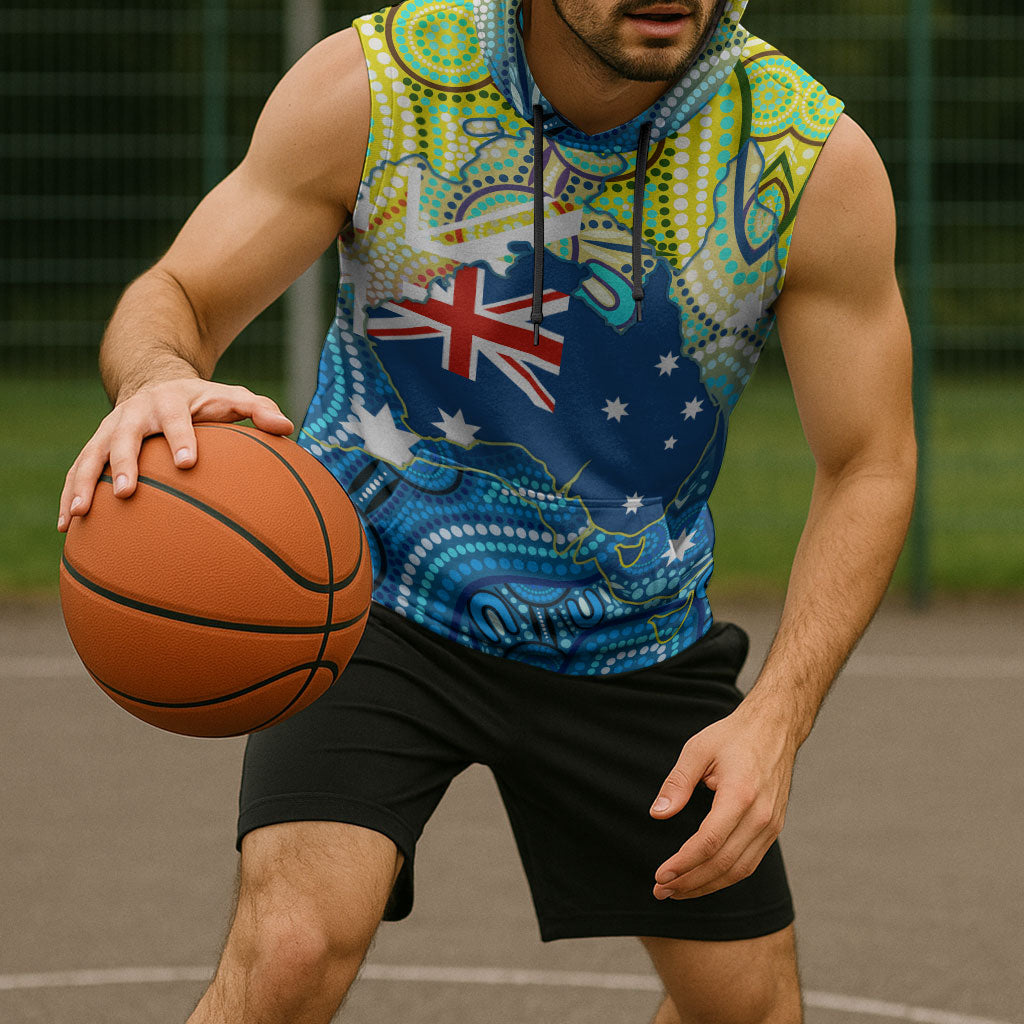 Australia National Swimming Team Sleeveless Hoodie Aboriginal Dot Art Ocean Wave Pattern