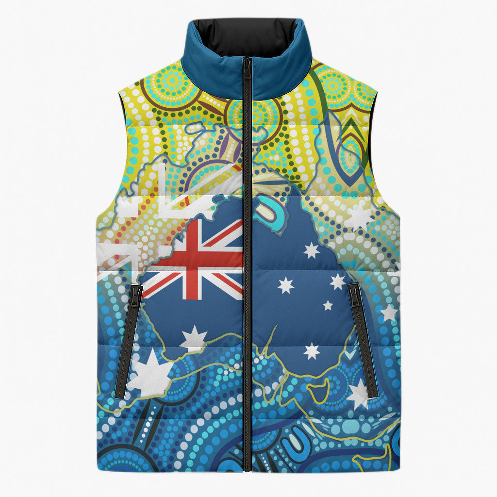 Australia National Swimming Team Sleeveless Puffer Jacket Aboriginal Dot Art Ocean Wave Pattern