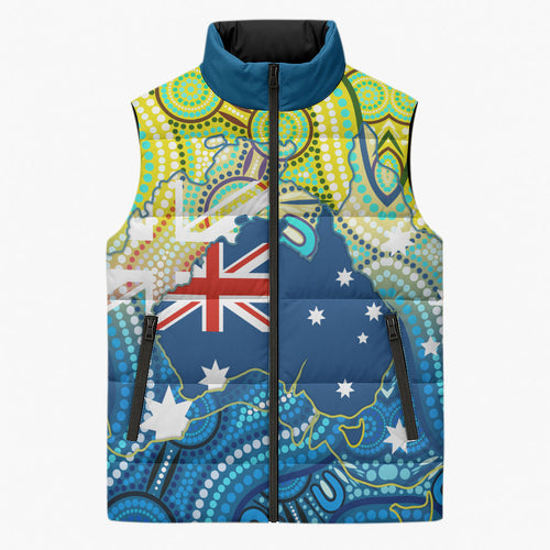 Australia National Swimming Team Sleeveless Puffer Jacket Aboriginal Dot Art Ocean Wave Pattern