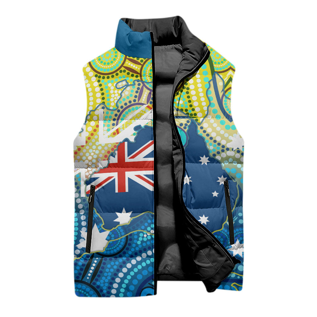 Australia National Swimming Team Sleeveless Puffer Jacket Aboriginal Dot Art Ocean Wave Pattern