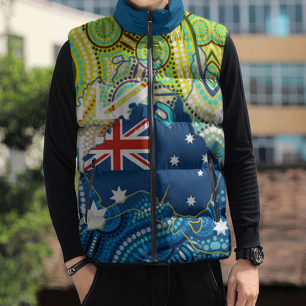 Australia National Swimming Team Sleeveless Puffer Jacket Aboriginal Dot Art Ocean Wave Pattern