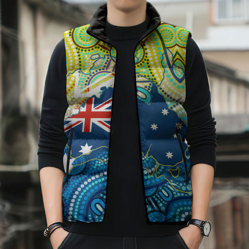 Australia National Swimming Team Sleeveless Puffer Jacket Aboriginal Dot Art Ocean Wave Pattern