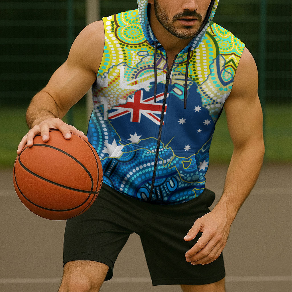 Australia National Swimming Team Sleeveless Zip Hoodie Aboriginal Dot Art Ocean Wave Pattern