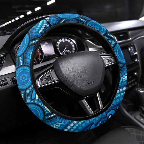 Australia National Swimming Team Steering Wheel Cover Aboriginal Dot Art Ocean Wave Pattern