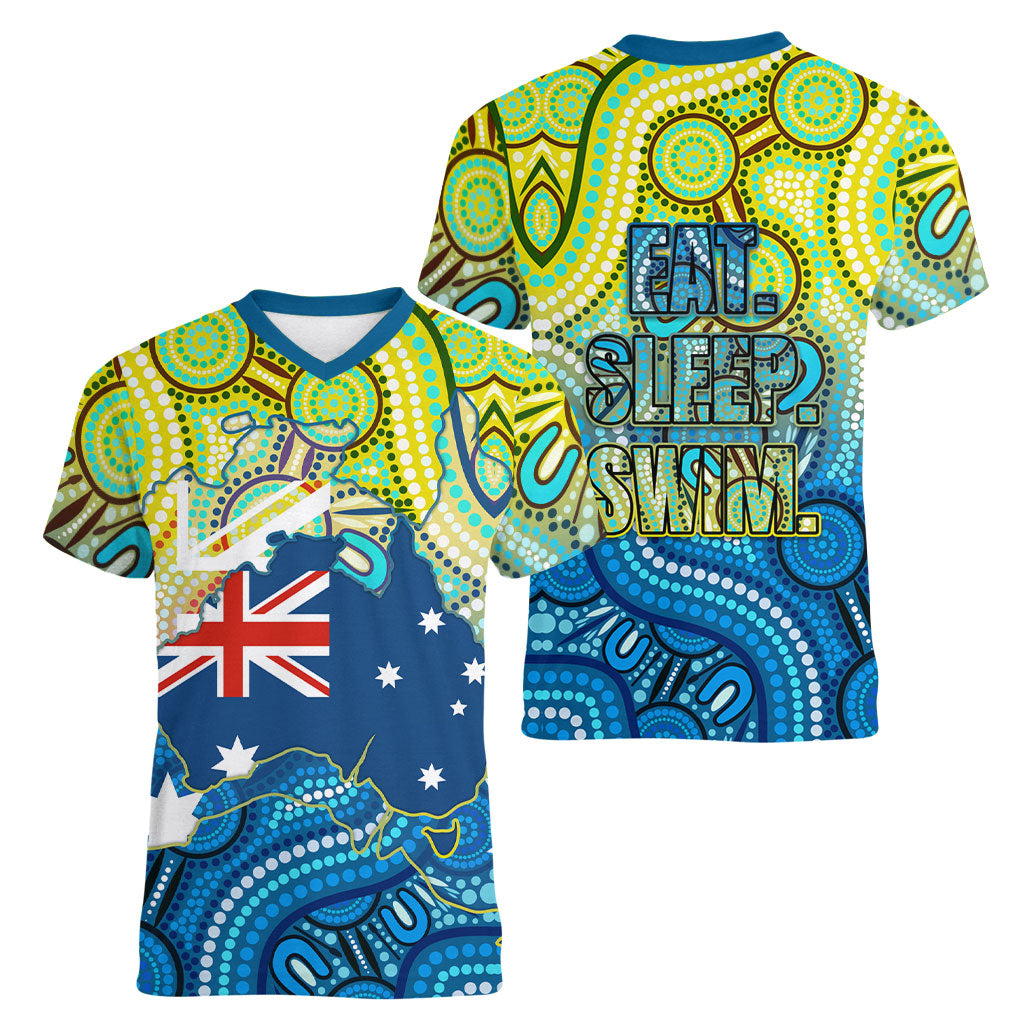 Australia National Swimming Team Women V-Neck T-Shirt Aboriginal Dot Art Ocean Wave Pattern