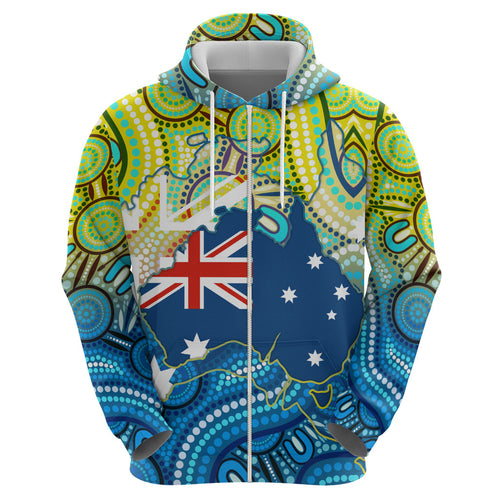 Australia National Swimming Team Zip Hoodie Aboriginal Dot Art Ocean Wave Pattern