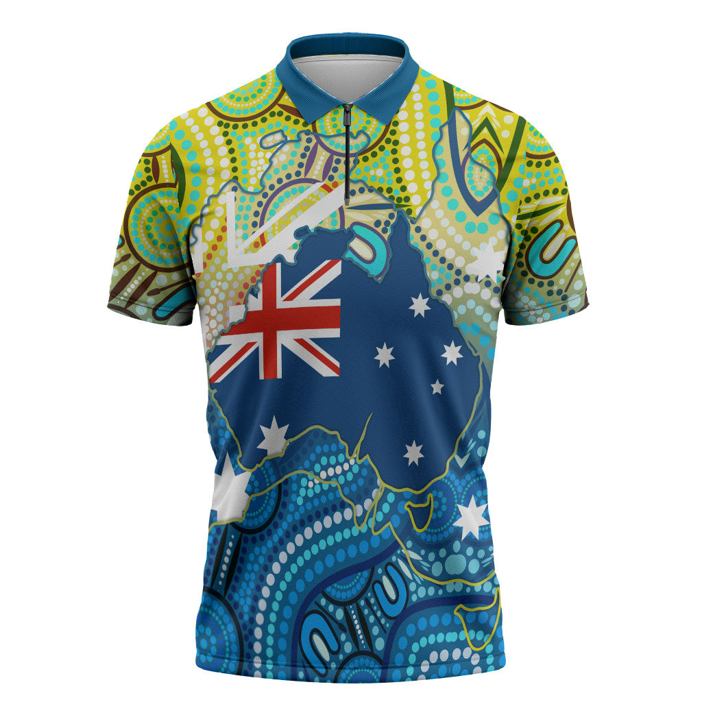 Australia National Swimming Team Zipper Polo Shirt Aboriginal Dot Art Ocean Wave Pattern