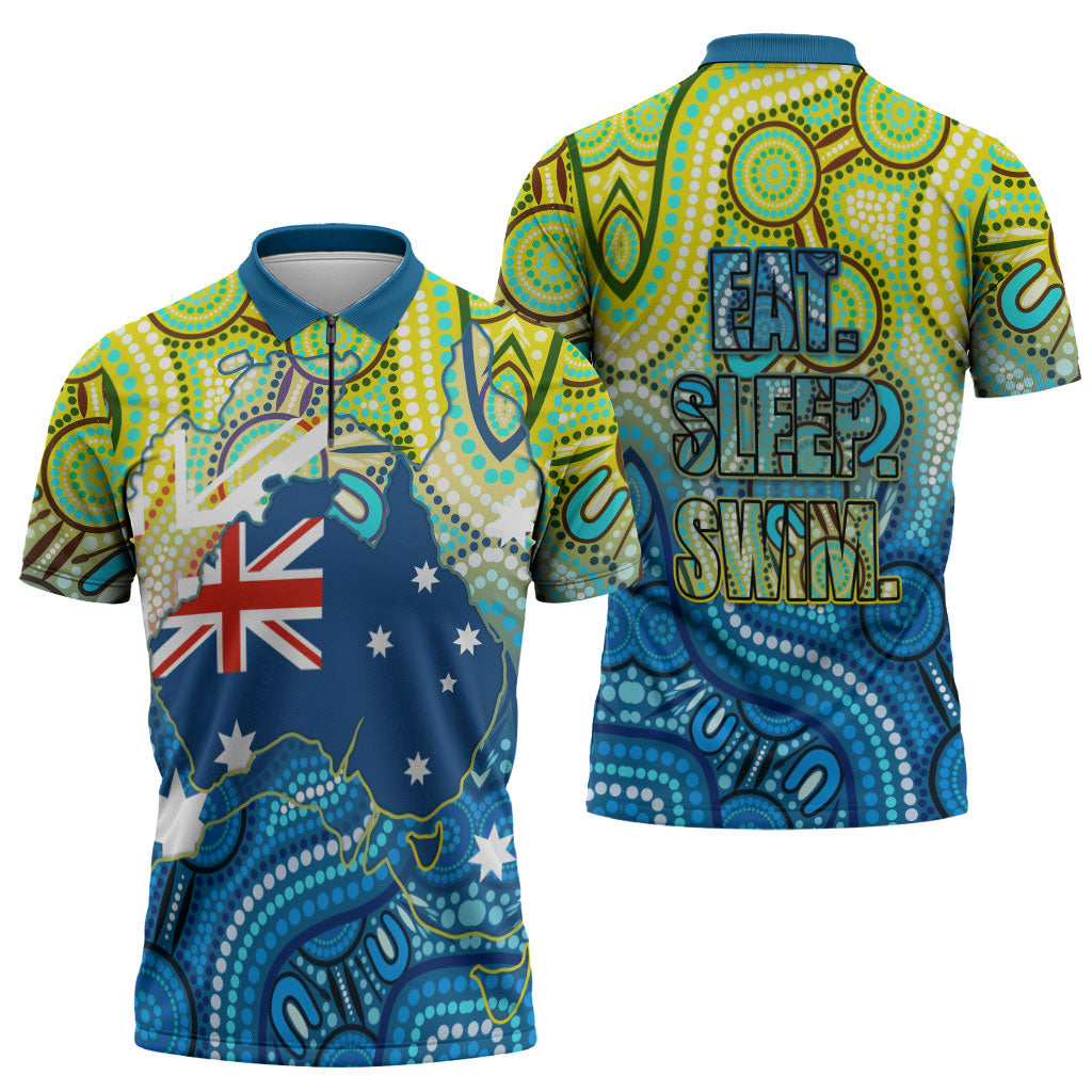 Australia National Swimming Team Zipper Polo Shirt Aboriginal Dot Art Ocean Wave Pattern