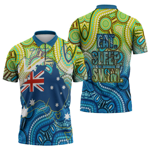 Australia National Swimming Team Zipper Polo Shirt Aboriginal Dot Art Ocean Wave Pattern