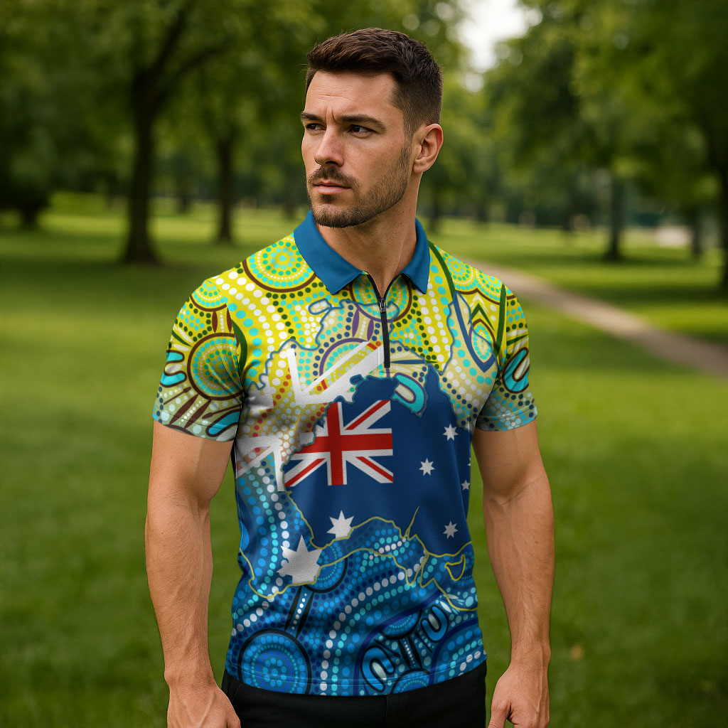 Australia National Swimming Team Zipper Polo Shirt Aboriginal Dot Art Ocean Wave Pattern