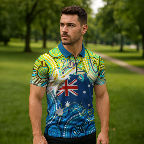 Australia National Swimming Team Zipper Polo Shirt Aboriginal Dot Art Ocean Wave Pattern