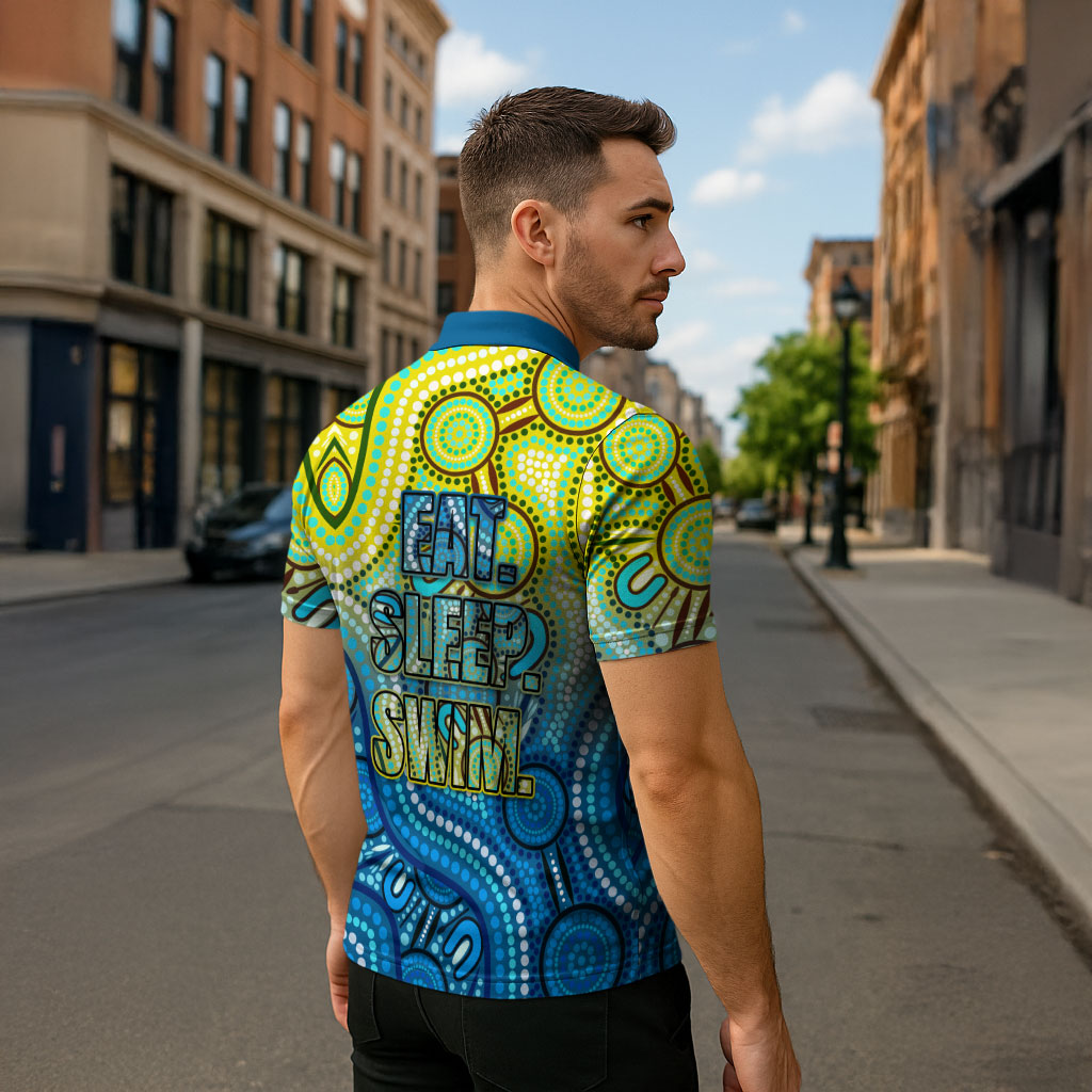 Australia National Swimming Team Zipper Polo Shirt Aboriginal Dot Art Ocean Wave Pattern