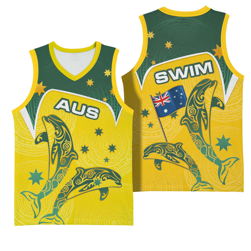 Australia National Swimming Basketball Jersey Tribal Dolphin Indigenous Pattern Art