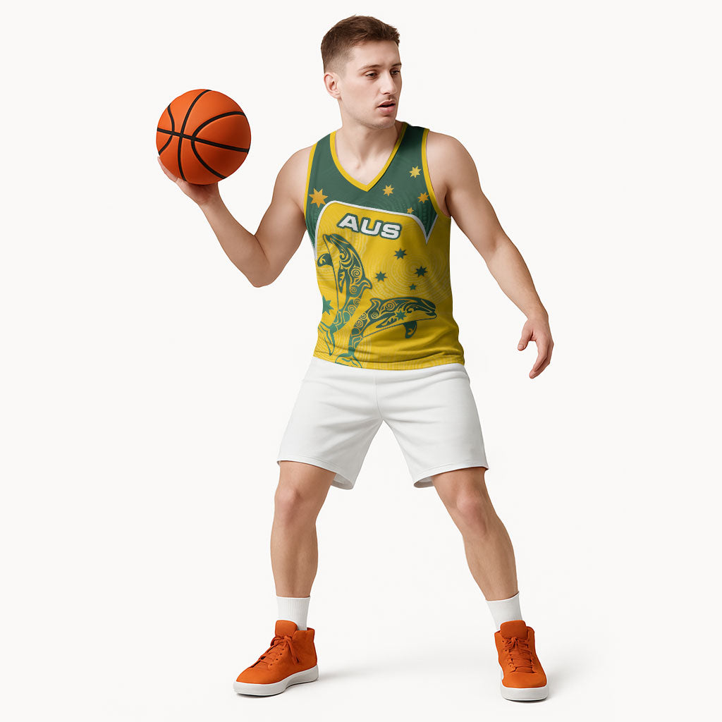 Australia National Swimming Basketball Jersey Tribal Dolphin Indigenous Pattern Art