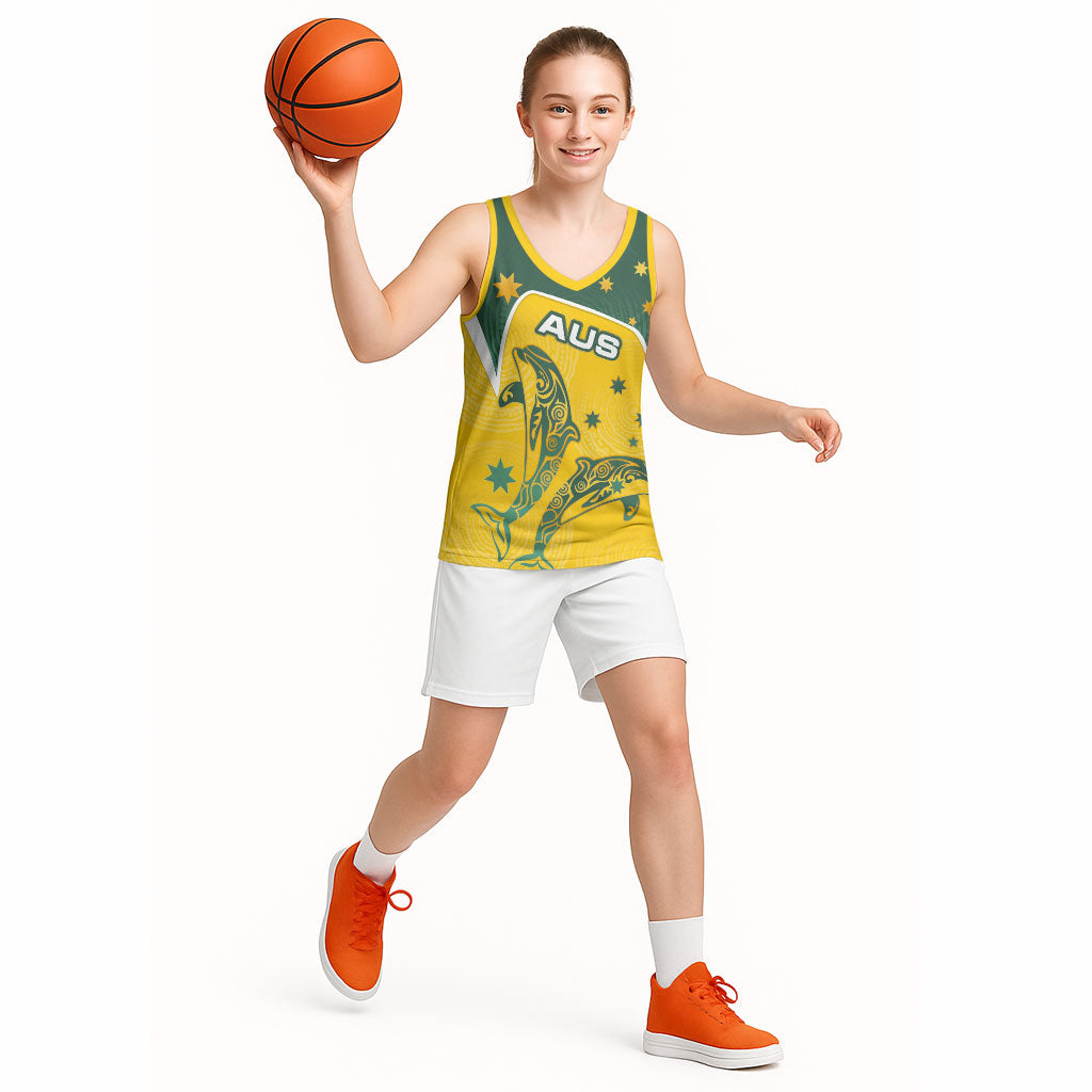 Australia National Swimming Basketball Jersey Tribal Dolphin Indigenous Pattern Art