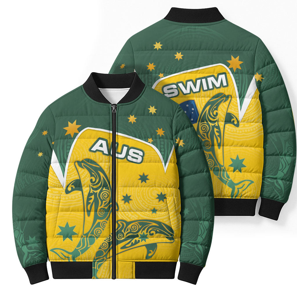 Australia National Swimming Bomber Puffer Jacket Tribal Dolphin Indigenous Pattern Art