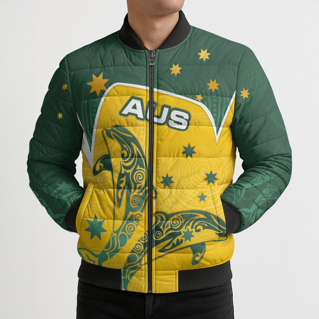 Australia National Swimming Bomber Puffer Jacket Tribal Dolphin Indigenous Pattern Art
