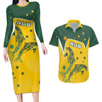 Australia National Swimming Couples Matching Long Sleeve Bodycon Dress and Hawaiian Shirt Tribal Dolphin Indigenous Pattern Art