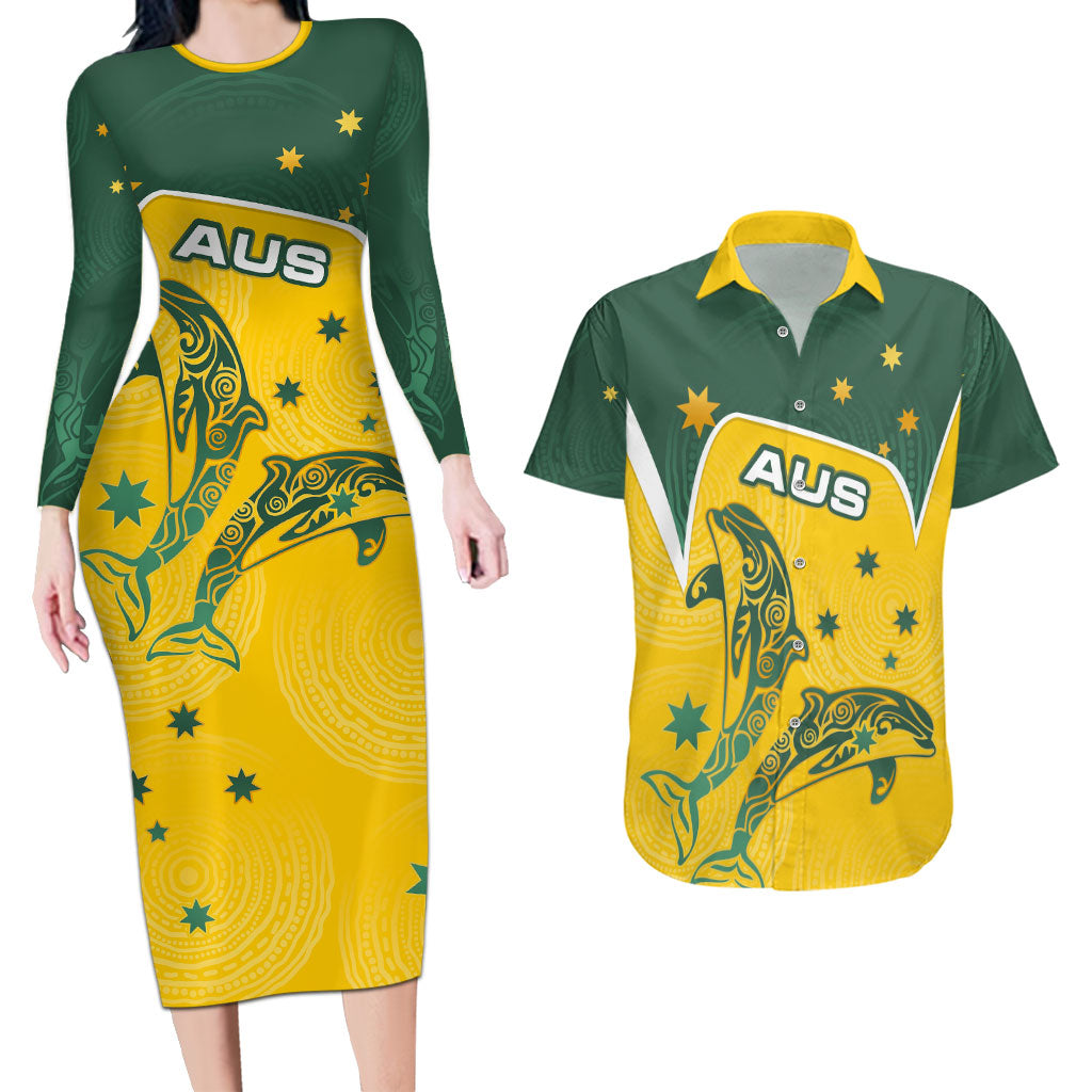 Australia National Swimming Couples Matching Long Sleeve Bodycon Dress and Hawaiian Shirt Tribal Dolphin Indigenous Pattern Art