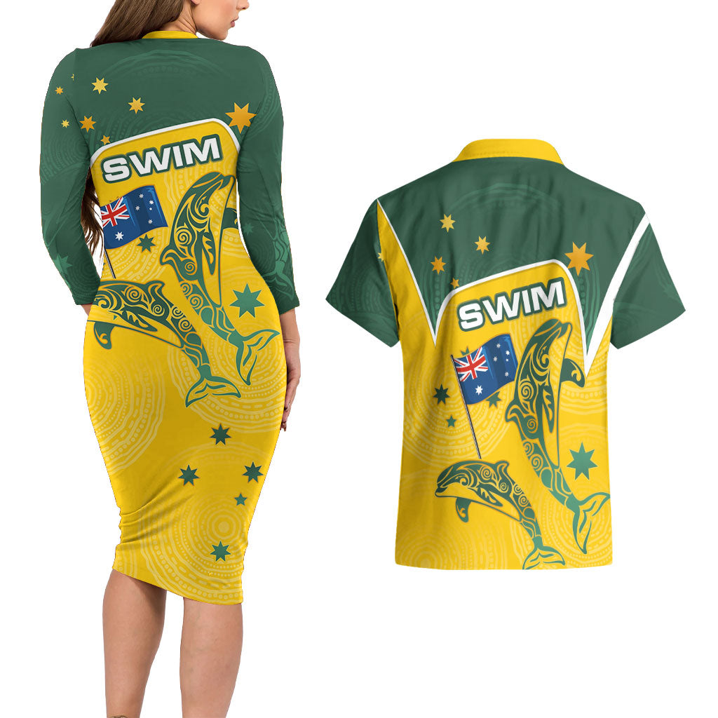 Australia National Swimming Couples Matching Long Sleeve Bodycon Dress and Hawaiian Shirt Tribal Dolphin Indigenous Pattern Art