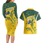 Australia National Swimming Couples Matching Long Sleeve Bodycon Dress and Hawaiian Shirt Tribal Dolphin Indigenous Pattern Art
