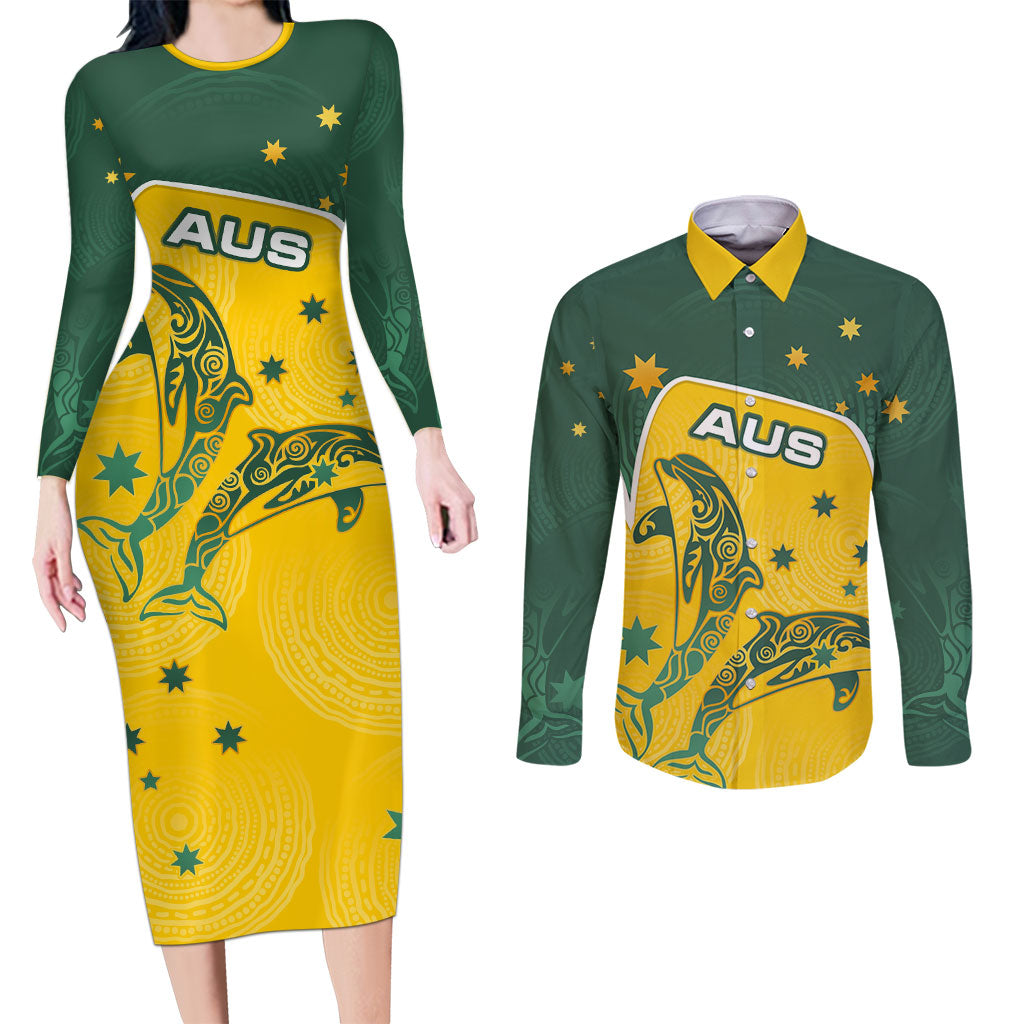Australia National Swimming Couples Matching Long Sleeve Bodycon Dress and Long Sleeve Button Shirt Tribal Dolphin Indigenous Pattern Art