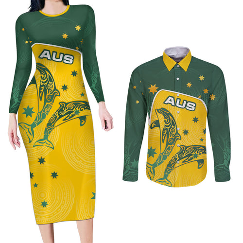 Australia National Swimming Couples Matching Long Sleeve Bodycon Dress and Long Sleeve Button Shirt Tribal Dolphin Indigenous Pattern Art