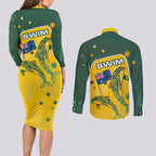 Australia National Swimming Couples Matching Long Sleeve Bodycon Dress and Long Sleeve Button Shirt Tribal Dolphin Indigenous Pattern Art