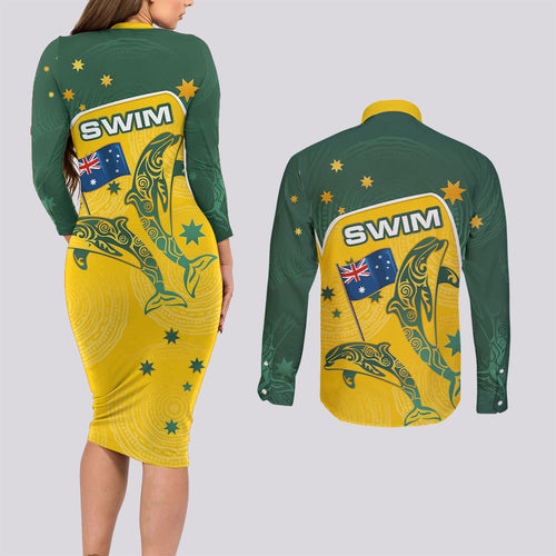 Australia National Swimming Couples Matching Long Sleeve Bodycon Dress and Long Sleeve Button Shirt Tribal Dolphin Indigenous Pattern Art