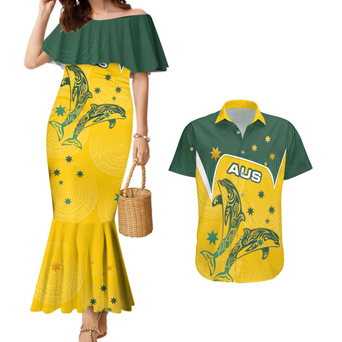 Australia National Swimming Couples Matching Mermaid Dress and Hawaiian Shirt Tribal Dolphin Indigenous Pattern Art