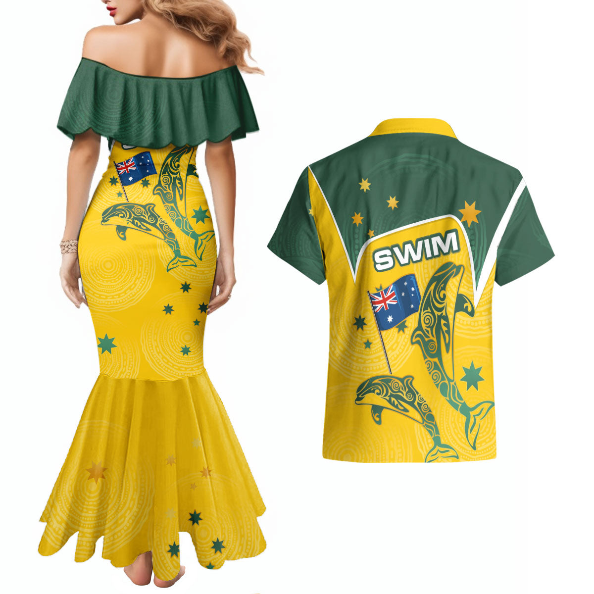 Australia National Swimming Couples Matching Mermaid Dress and Hawaiian Shirt Tribal Dolphin Indigenous Pattern Art